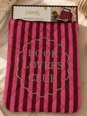 NWT Harper Pink Striped Quilted E-Reader Pouch "Book Lovers Club" Book Sleeve